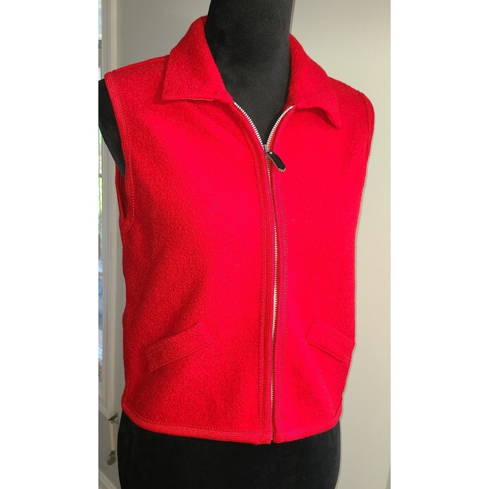 Vintage Valerie Stevens Vest Womens Red 100% Wool Full Zip Faux Pockets Size PS